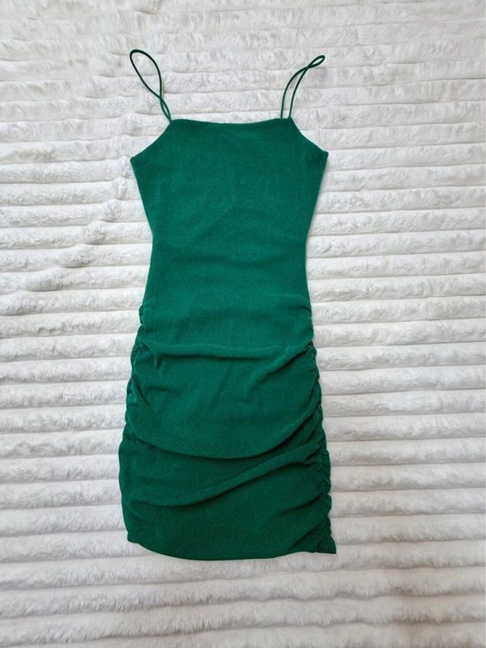 Green Ruched Bodycon Dress Spaghetti Strap Sheath Sparkly Party Mini Small
